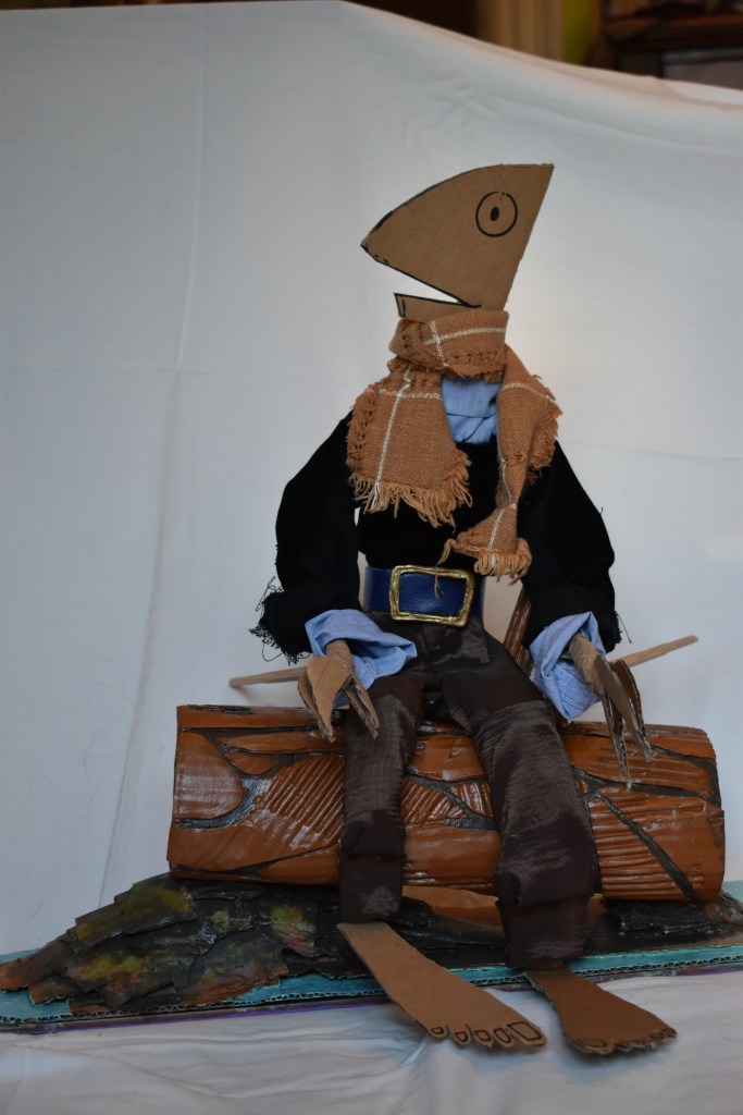 Crab-Fish Jones the Puppet Man-chicken wire, scrap fabric, cardboard, aluminum wire, acrylic, modpodge