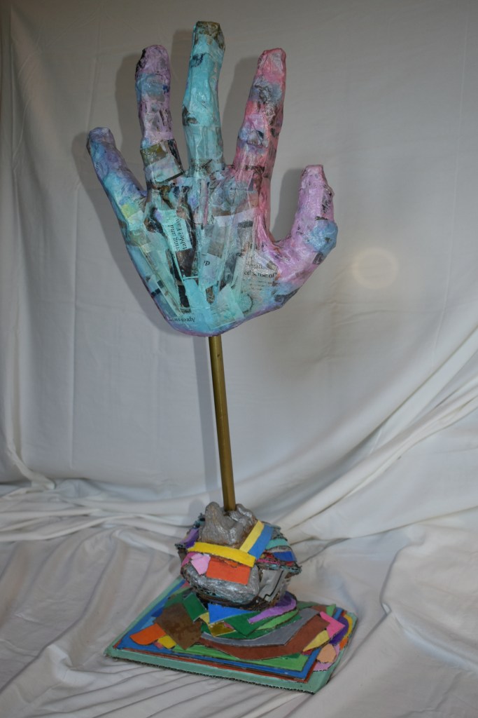 Hand of Gob-cardboard base, chicken wire, papier-mache, watercolor